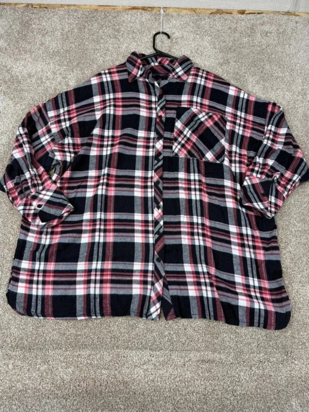 Roaman's Womens 20W Plaid Button Down Shirt Black Red White Grunge Plus Flannel